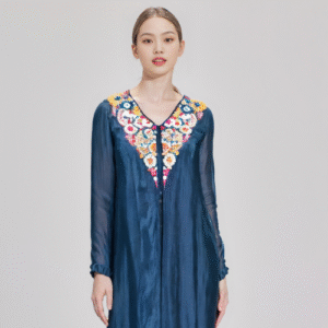 Elegant Navy Blue Kaftan Suit with Full Skirt – A Statement of Grace & Sophistication
